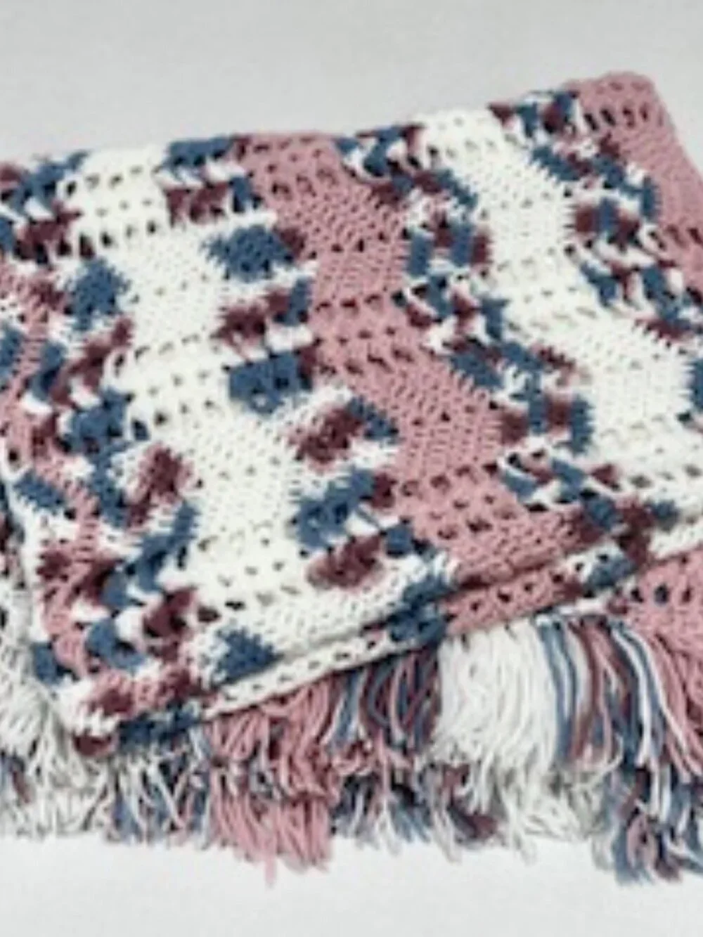 Handknit Crochet Afghan Throw Blanket Fringe Lacy Ripple Multicolor 45inx68in